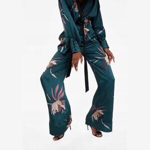Zara Teal Green Topical Print Wide Leg Pants SIZE M